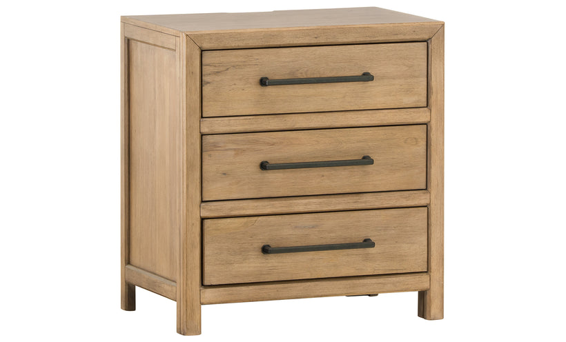 Wooden nightstand with three drawers on a white background